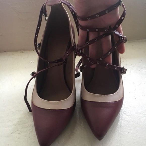 Burgundy and beige strap up wrap heels - Picture 3 of 4